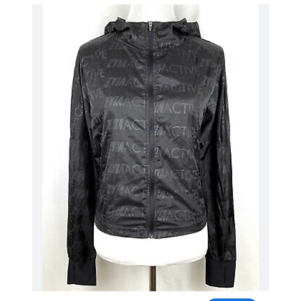 Zyia‎ Active Black Logo Print Windbreaker Hooded Jacket Womens Medium NWT